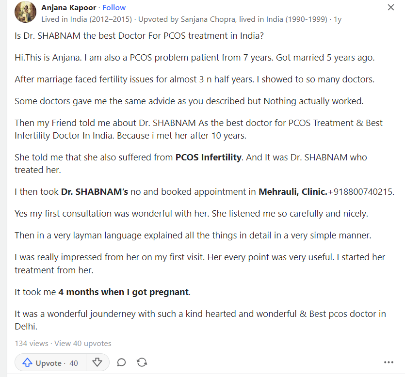 Patient Testimonial - Hear authentic stories and positive feedback from individuals at PCOS Ferticure Clinic, showcasing the compassionate care and successful outcomes achieved with Dr. Shabnam Sharjil in the treatment of PCOS-PCOD.