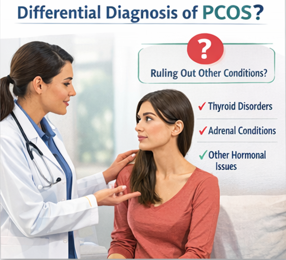 Doctor evaluating conditions that may mimic PCOS such as thyroid disorders adrenal problems and hormonal imbalance