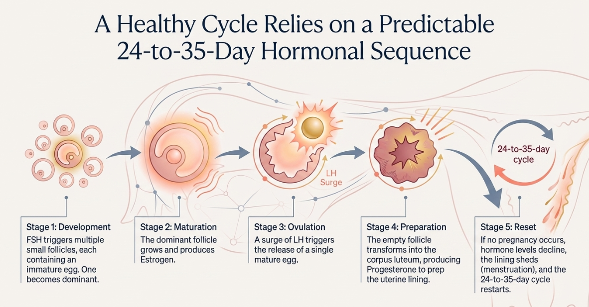 Medical comparison diagram showing normal ovary and PCOD ovary with multiple immature follicles 
            and disrupted ovulation