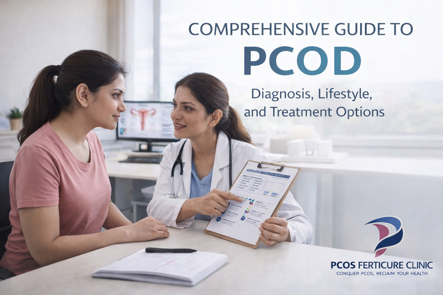 Medical diagram showing hormonal imbalance affecting ovaries and follicle development in PCOD