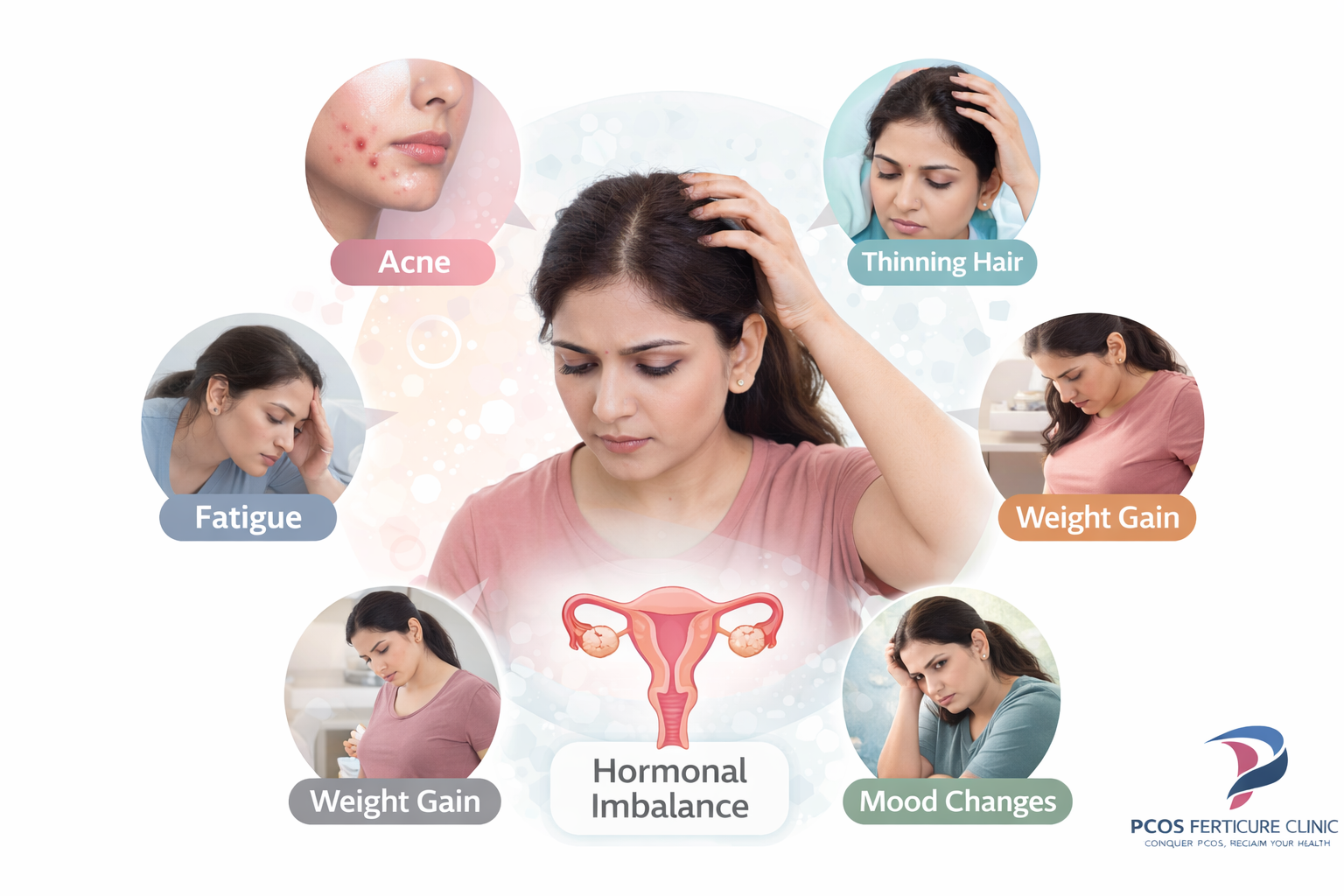 Medical diagram showing hormonal imbalance affecting ovaries and follicle development in PCOD