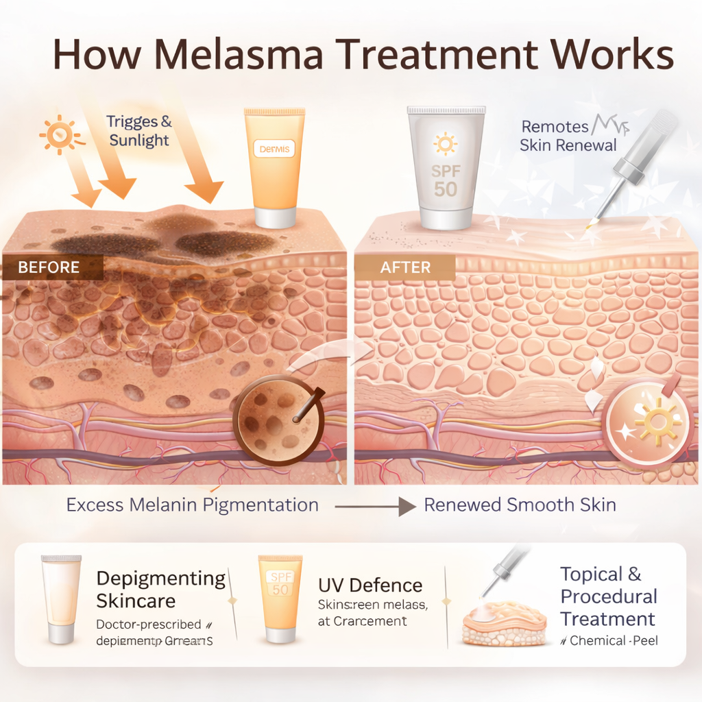 How melasma treatment works using topical care, sunscreen and clinic-based pigmentation treatment at PCOS Ferticure Clinic Delhi