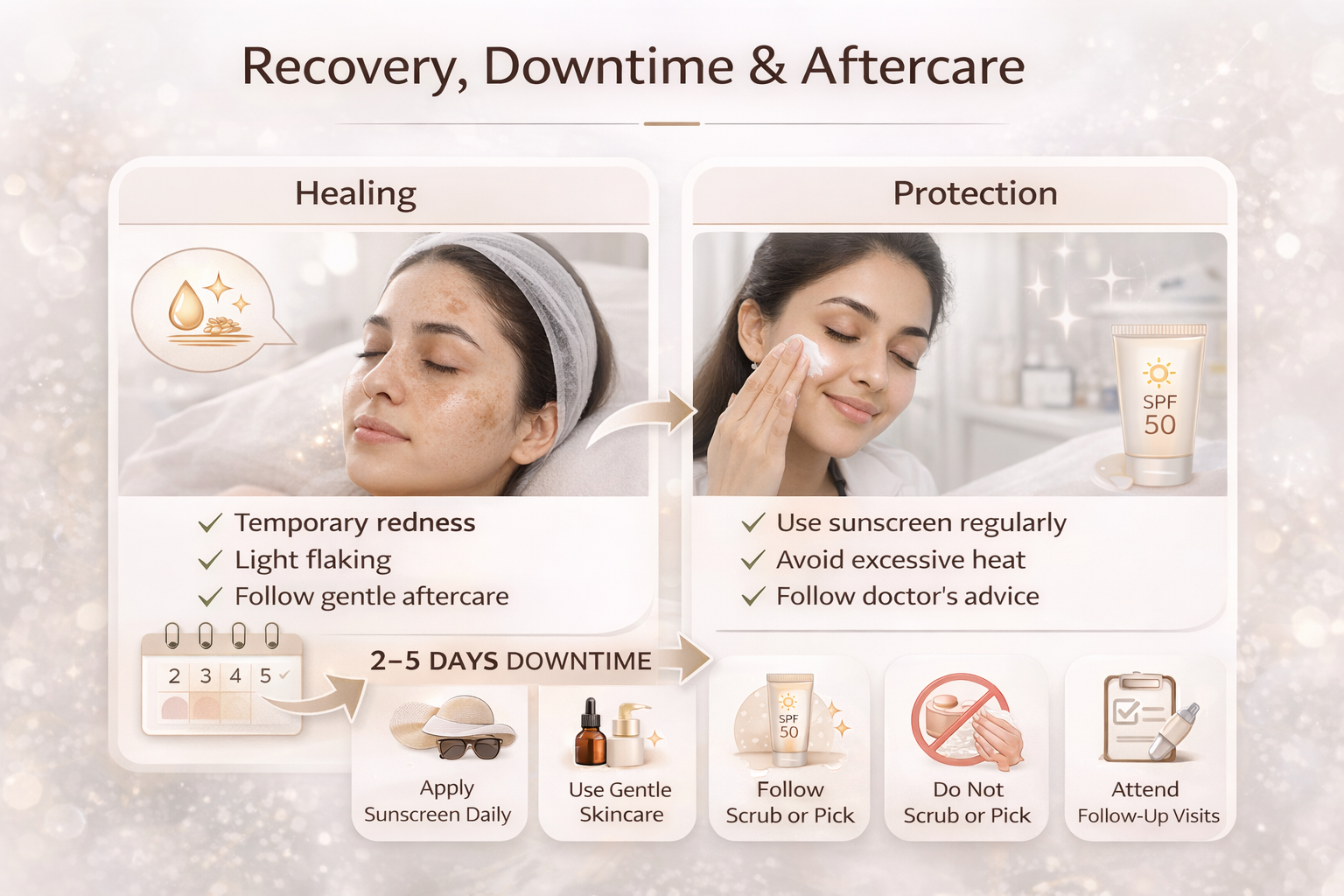 Melasma treatment recovery and aftercare showing sunscreen, gentle skincare and downtime guidance for pigmentation treatment