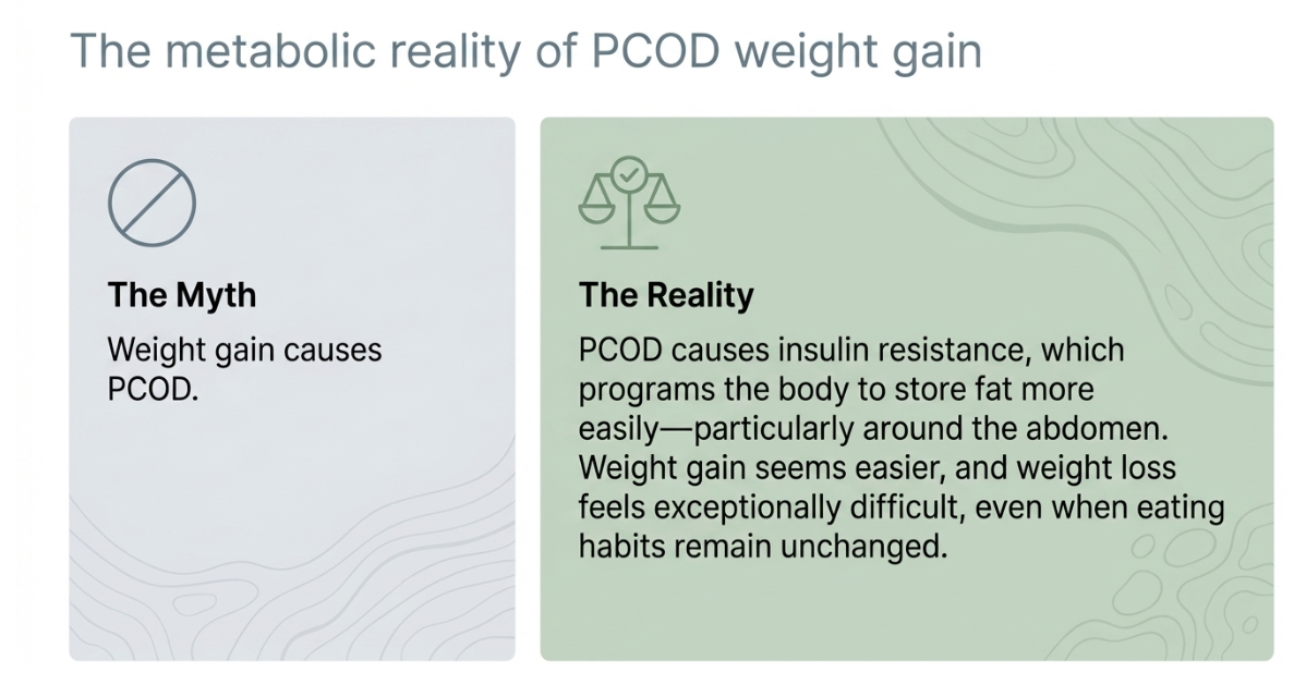 Medical comparison diagram showing normal ovary and PCOD ovary with multiple immature follicles 
            and disrupted ovulation