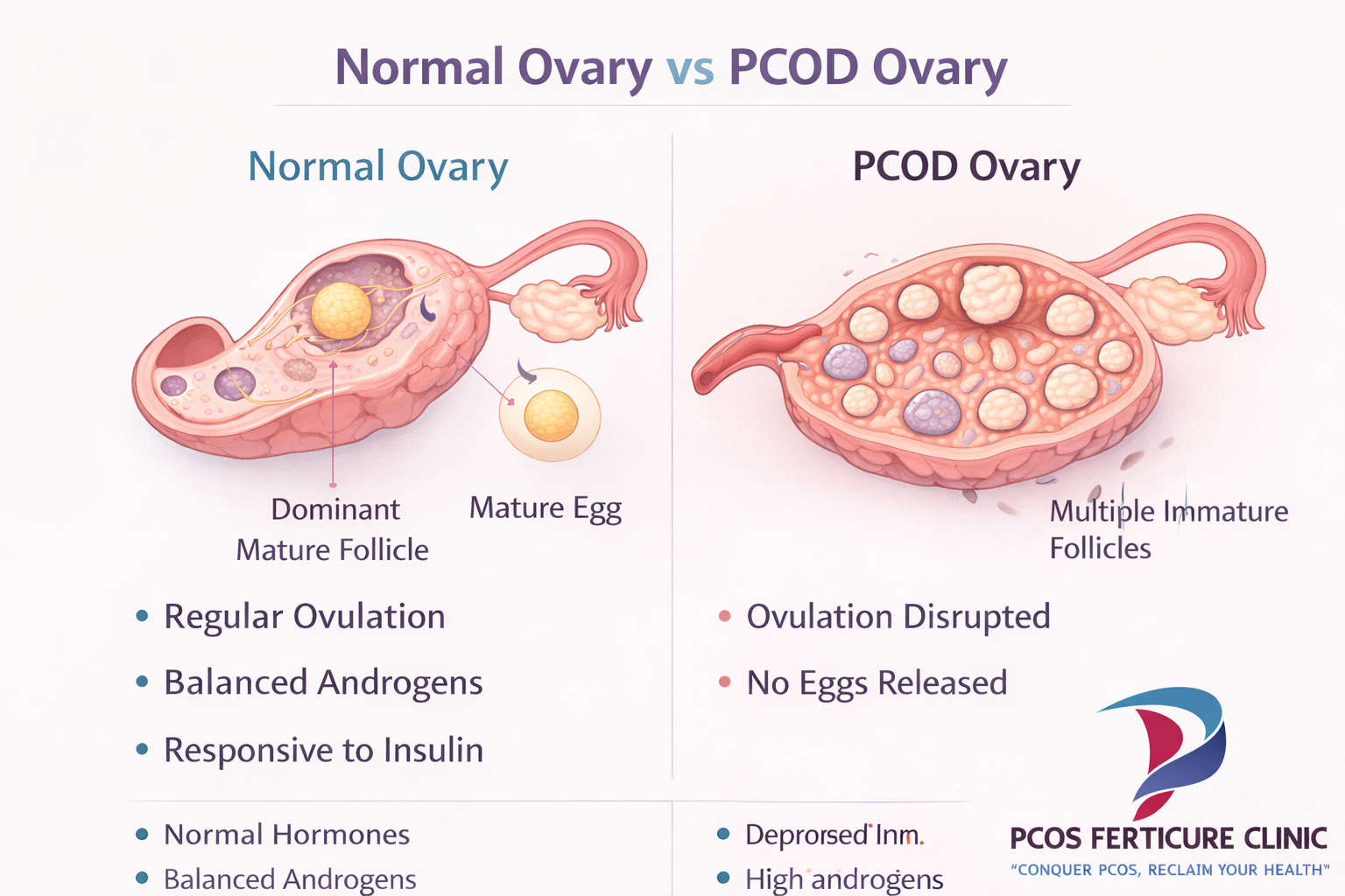 Medical comparison diagram showing normal ovary and PCOD ovary with multiple immature follicles 
            and disrupted ovulation