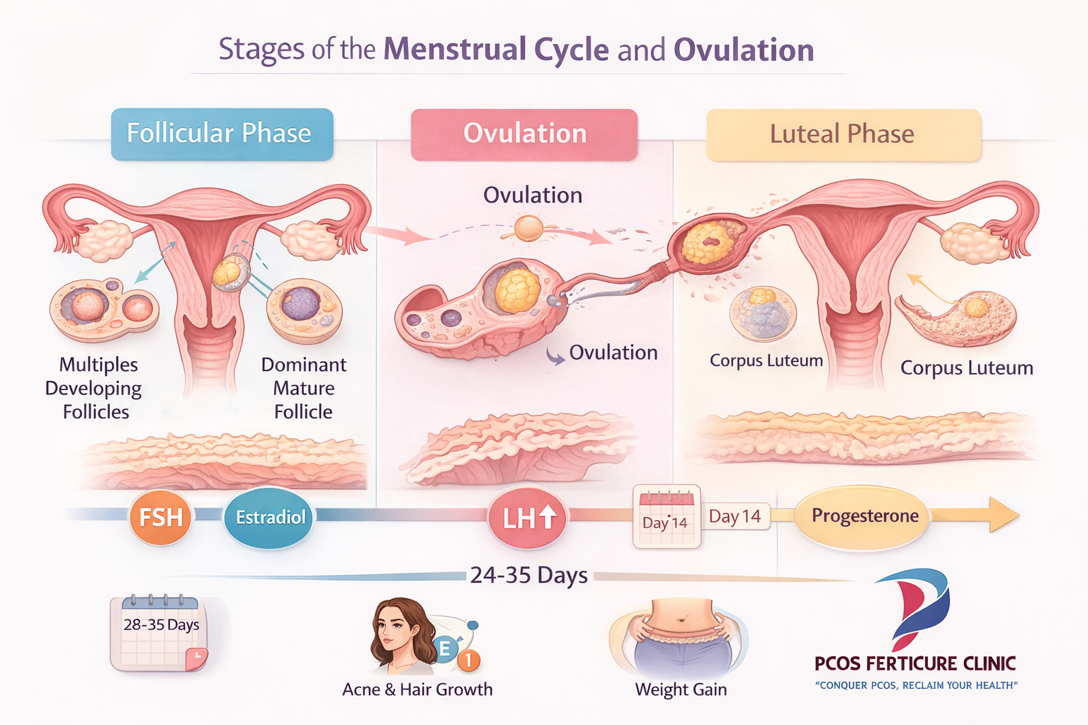Educational medical diagram showing stages of the menstrual cycle including follicle 
            development ovulation and corpus luteum formation