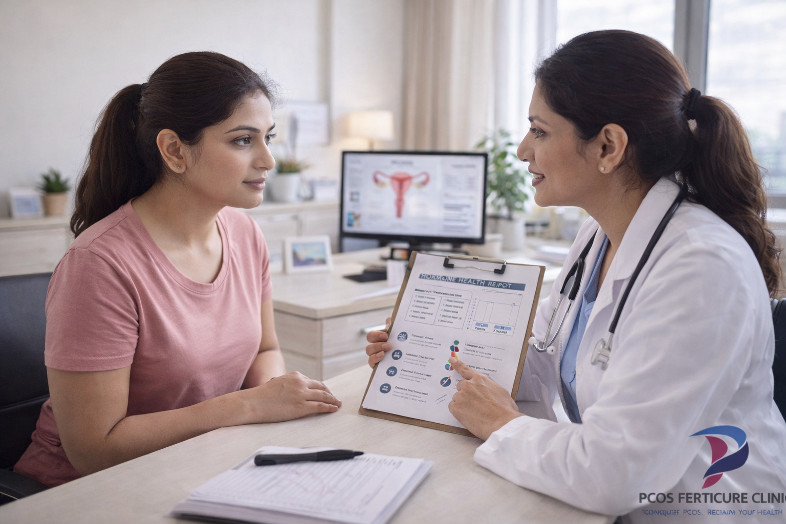 Indian woman consulting gynecologist for PCOD symptoms and hormonal health evaluation