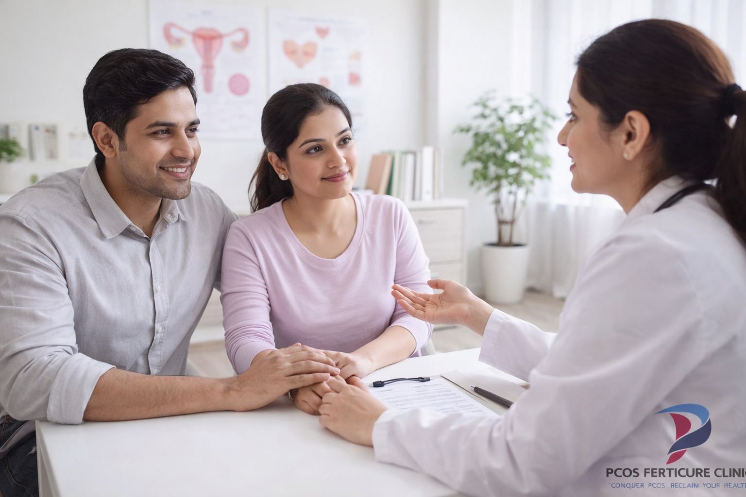 Indian couple planning pregnancy consultation with doctor discussing fertility and PCOD treatment options