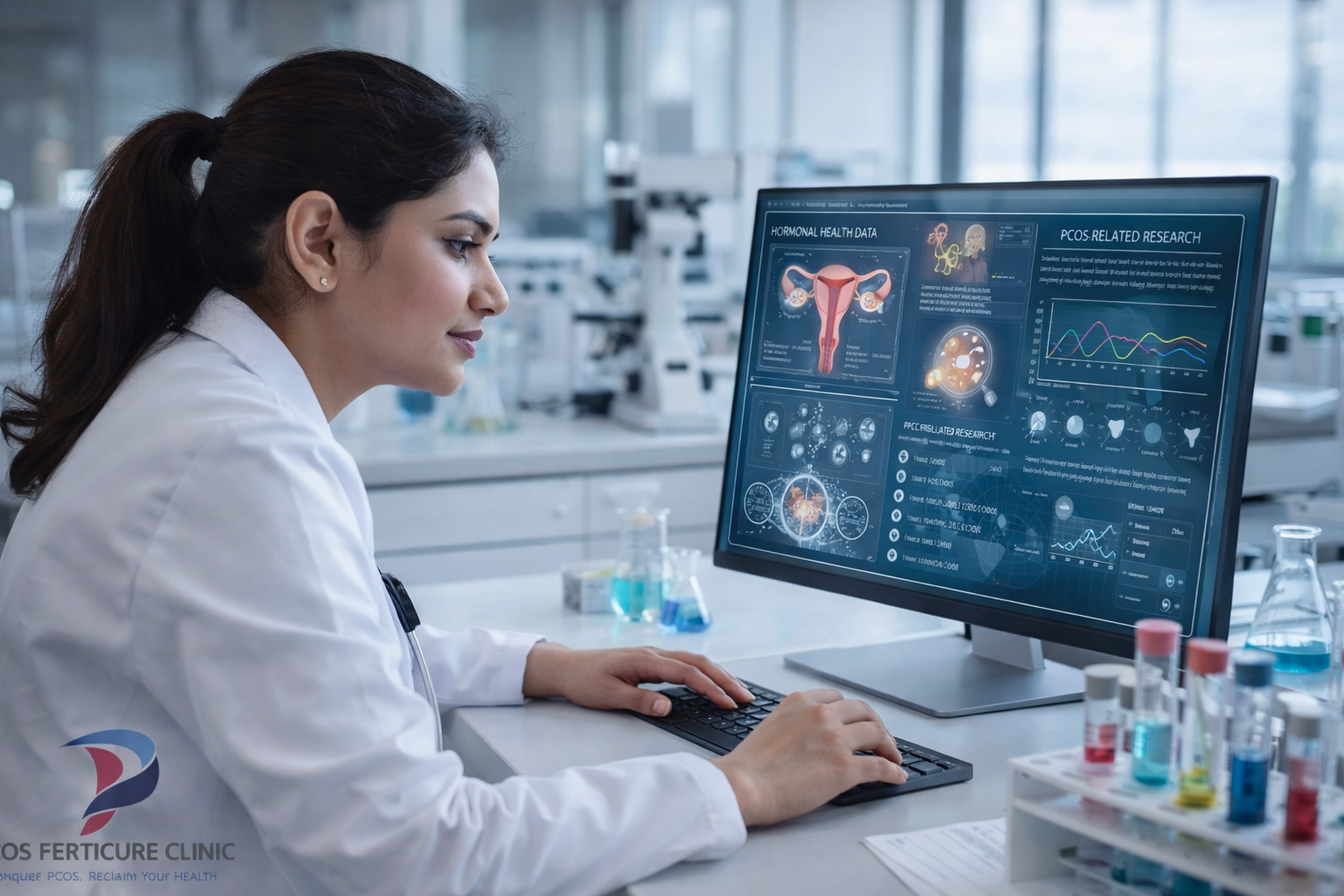 Medical research illustration showing scientific studies and laboratory research related to PCOS and hormonal health
