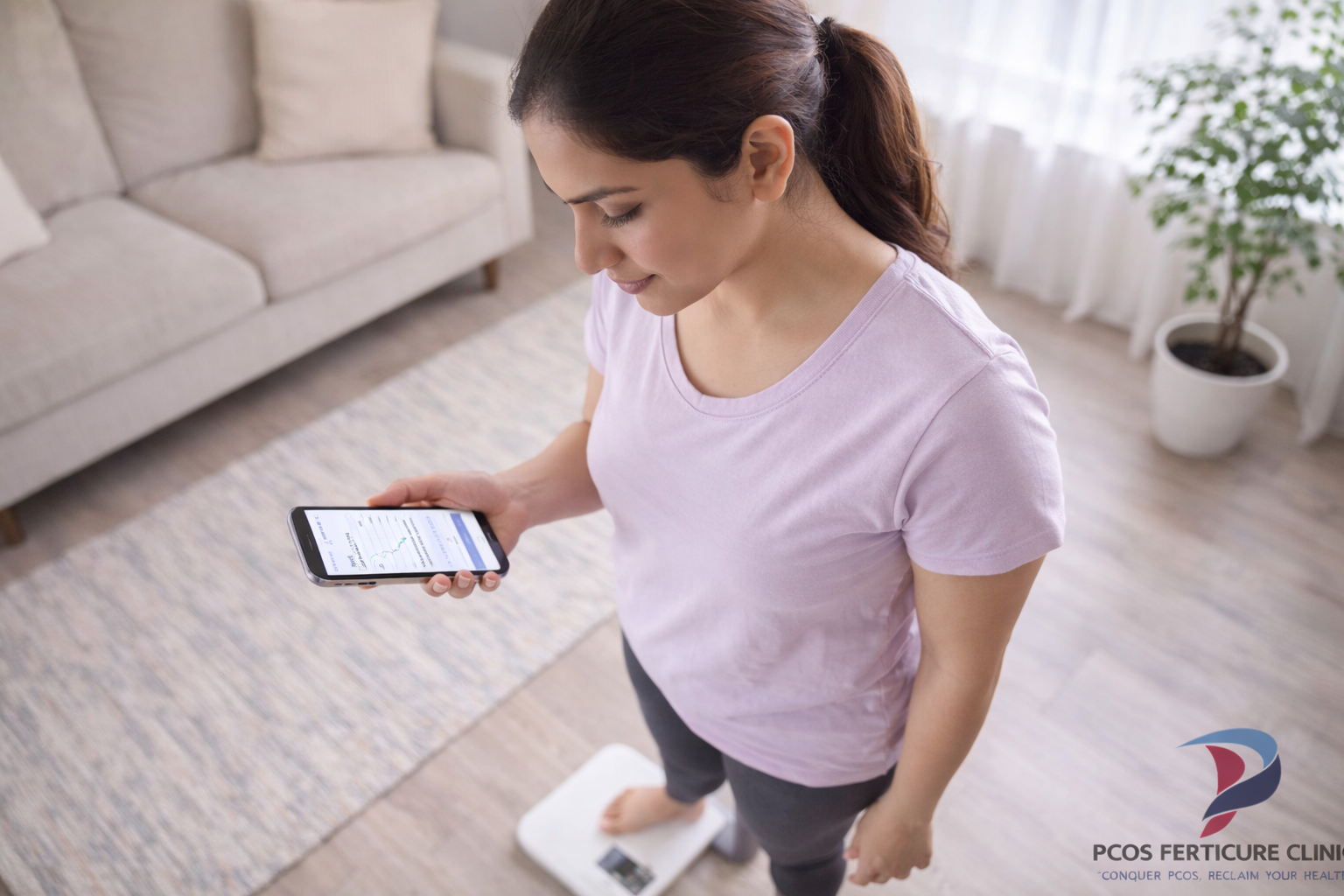 Indian woman tracking weight loss progress with healthy lifestyle and metabolic health concept for PCOD management