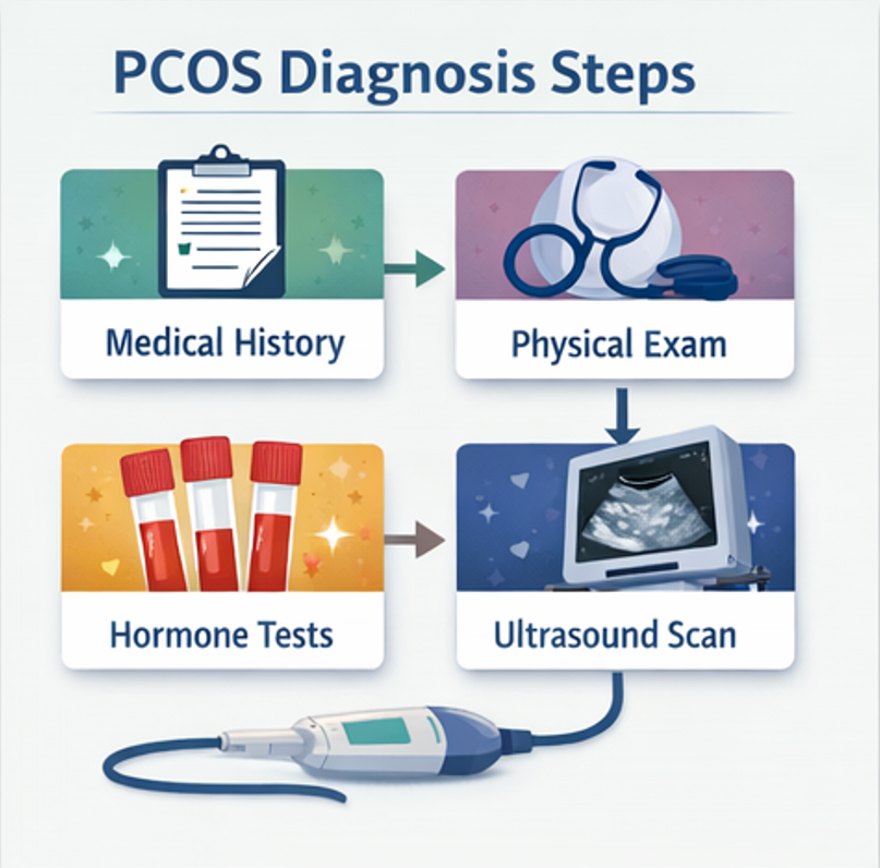 Steps used by doctors to diagnose PCOS including medical history physical exam hormone tests and ultrasound