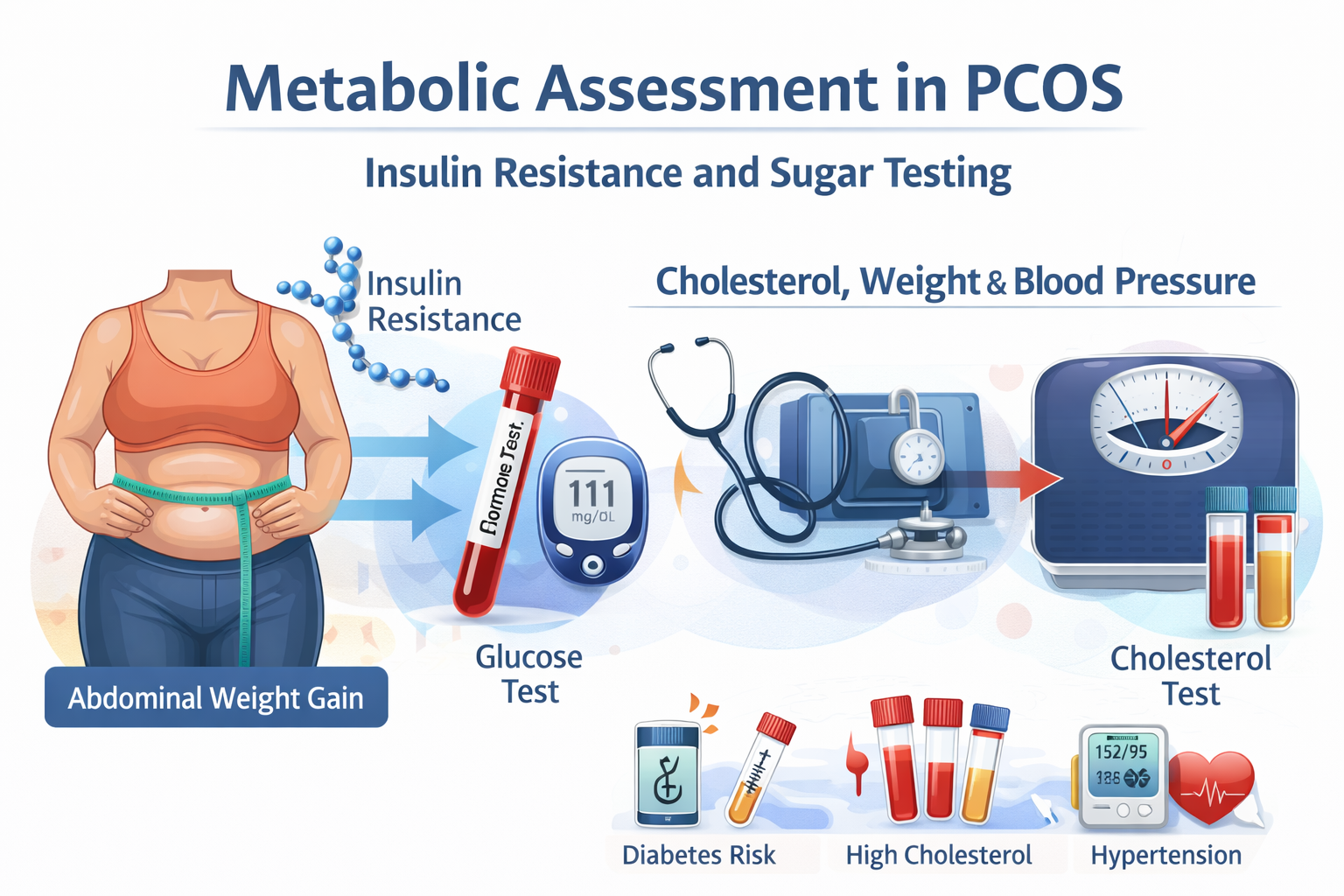 Metabolic assessment in PCOS showing insulin resistance blood sugar testing cholesterol weight and blood pressure evaluation