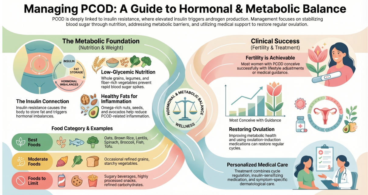 Medical diagram showing hormonal imbalance affecting ovaries and follicle development in PCOD