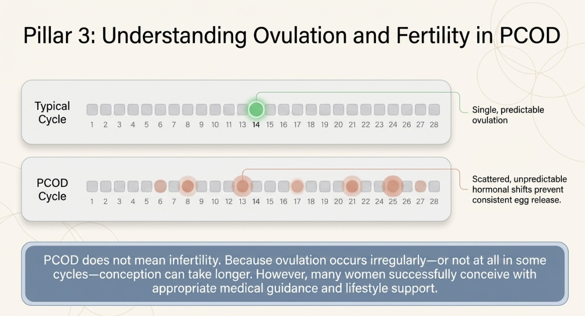 Educational medical diagram showing stages of the menstrual cycle including follicle 
            development ovulation and corpus luteum formation