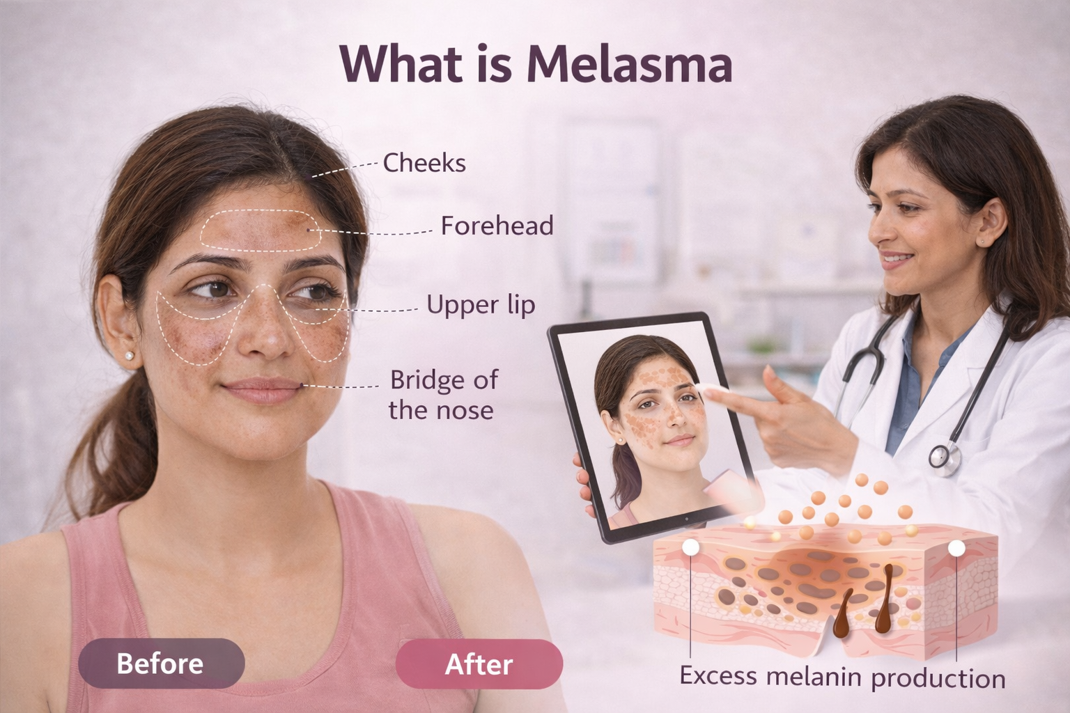 What is melasma explanation image showing facial pigmentation pattern and doctor-led melasma treatment guidance at PCOS Ferticure Clinic Delhi