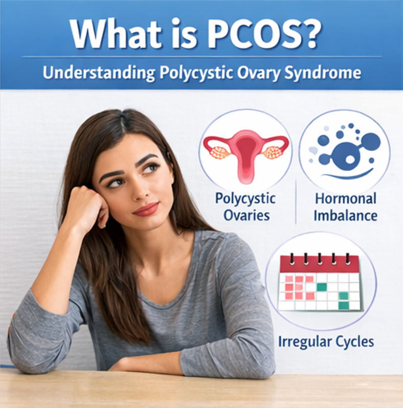 Illustration explaining polycystic ovary syndrome showing hormonal imbalance irregular cycles and polycystic ovaries