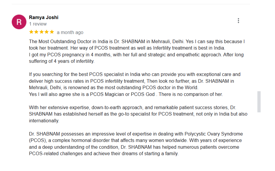 Patient Testimonial - Explore genuine reviews and success stories from individuals at PCOS Ferticure Clinic, highlighting the exceptional care and positive outcomes achieved with Dr. Shabnam Sharjil in the effective treatment of PCOS-PCOD.