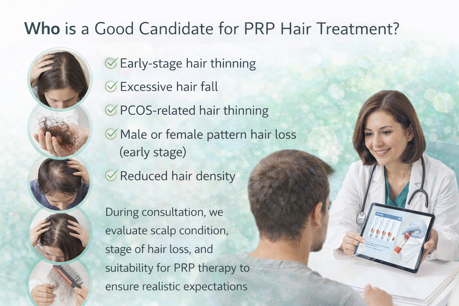 Good candidate for PRP hair treatment in Delhi showing a woman with early-stage hair thinning and consultation with doctor at PCOS Ferticure Clinic