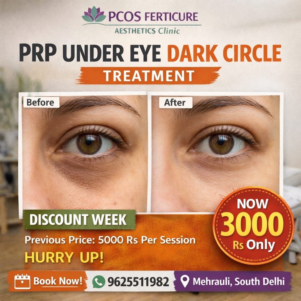 Doctor consultation scene showing PRP treatment cost in Delhi at PCOS Ferticure Clinic, highlighting under-eye PRP ₹3000, face PRP ₹5000 and hair PRP pricing with transparent consultation-based approach - PCOS Ferticure Clinic Delhi