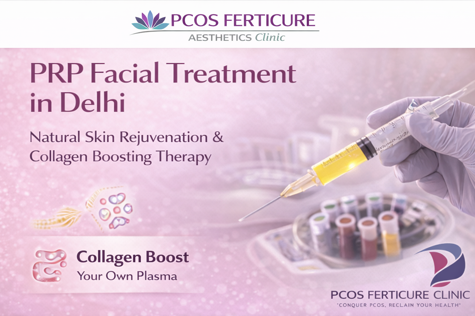 Banner explaining why PRP facial is effective for skin rejuvenation, acne scars and natural collagen boost at PCOS Ferticure Clinic Delhi