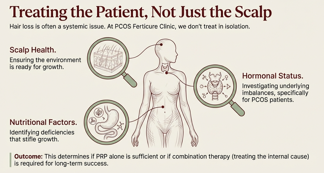 Good candidate for PRP hair treatment in Delhi showing a woman with early-stage hair thinning and consultation with doctor at PCOS Ferticure Clinic