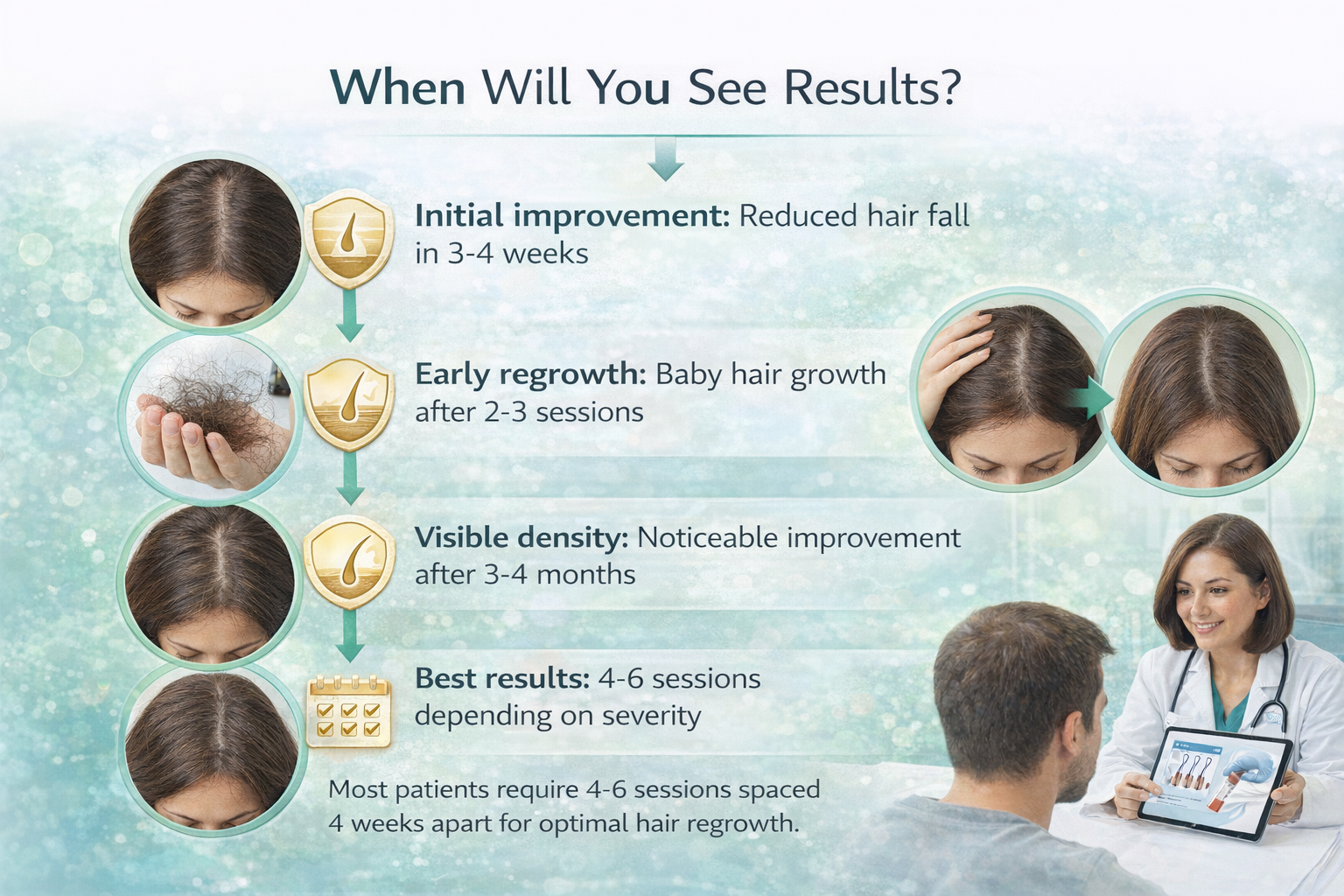 Timeline showing PRP hair treatment results including hair fall reduction in 3-4 weeks and regrowth after multiple sessions