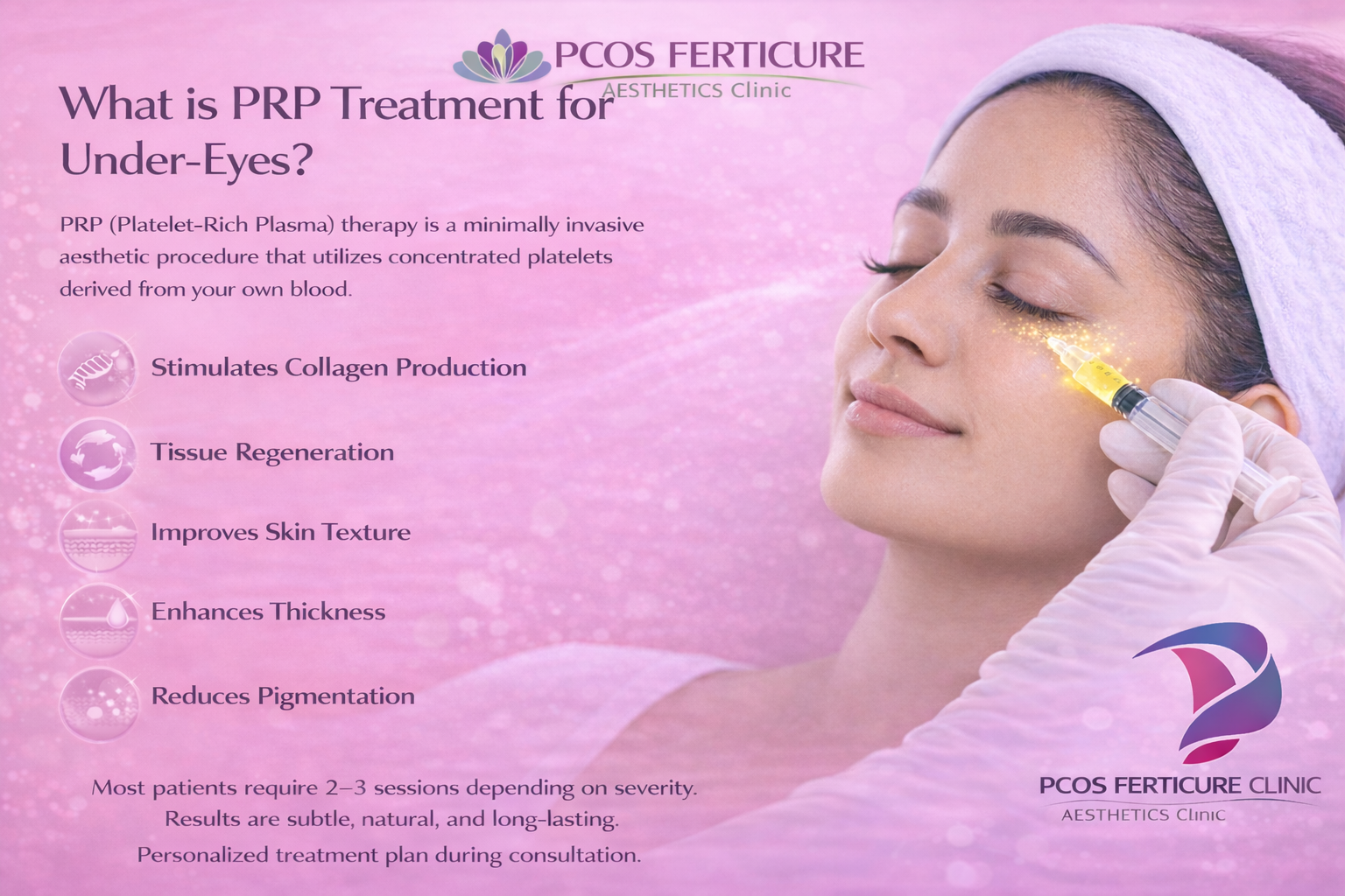 Educational banner explaining what under-eye PRP treatment is, showing platelet-rich plasma injection for collagen stimulation, tissue regeneration, improved skin texture and pigmentation reduction - PCOS Ferticure Clinic Delhi